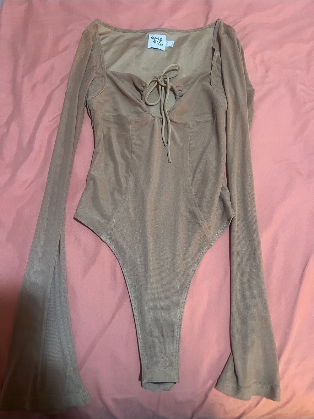 Princess Polly Nude Beige Mesh Tie-Front Long Sleeve Bodysuit